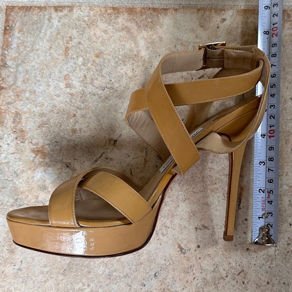 Jimmy Choo Vamp Sandal Tan Nude Patent Leather Sz. 38 1/2 Platform High heel - Picture 5 of 10